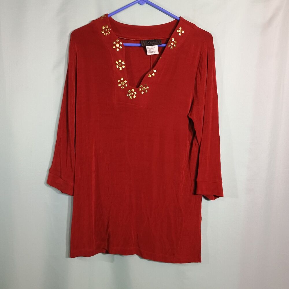 Women’s Red Embellished Tunic Top – Gold Stud V-Neck 3/4 Sleeve Blouse
